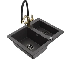 Granitinė virtuvinė plautuvė Mexen Carlos su maišytuvu ir sifonu, Juodas granite+Juodas/Gold