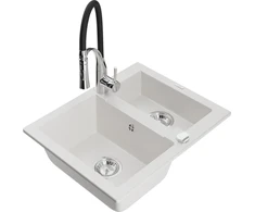 Granitinė virtuvinė plautuvė Mexen Carlos su maišytuvu ir sifonu, Baltas+Juodas/Chrome