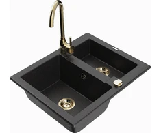 Granitinė virtuvinė plautuvė Mexen Carlos su maišytuvu ir sifonu, Metallic juodas/sidabrinis+Gold