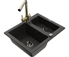 Granitinė virtuvinė plautuvė Mexen Carlos su maišytuvu ir sifonu, Metallic juodas/auksinis+Gold