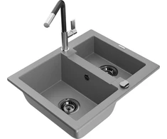 Granitinė virtuvinė plautuvė Mexen Carlos su maišytuvu ir sifonu, Pilkas+Juodas/Chrome