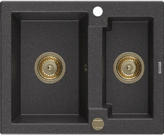 Granitinė virtuvinė plautuvė Mexen Carlos su sifonu, Juodas granite+Gold, 582 x 475 mm