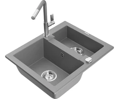 Granitinė virtuvinė plautuvė Mexen Carlos su maišytuvu ir sifonu, Pilkas+Pilkas/Chrome