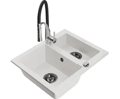 Granitinė virtuvinė plautuvė Mexen Carlos su maišytuvu ir sifonu, Baltas+Juodas/Chrome