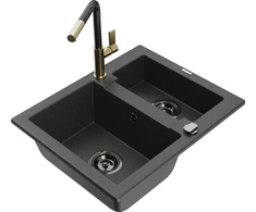 Granitinė virtuvinė plautuvė Mexen Carlos su maišytuvu ir sifonu, Juodas granite+Juodas/Gold