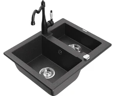 Granitinė virtuvinė plautuvė Mexen Carlos su maišytuvu ir sifonu, Juodas granite+Juodas