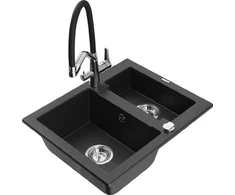 Granitinė virtuvinė plautuvė Mexen Carlos su maišytuvu ir sifonu, Metallic juodas/sidabrinis+Juodas/Chrome
