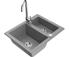Granitinė virtuvinė plautuvė Mexen Carlos su maišytuvu ir sifonu, Pilkas+Chrome