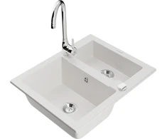 Granitinė virtuvinė plautuvė Mexen Carlos su maišytuvu ir sifonu, Baltas+Chrome