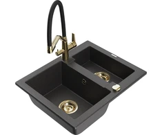Granitinė virtuvinė plautuvė Mexen Carlos su maišytuvu ir sifonu, Juodas granite+Juodas/Gold