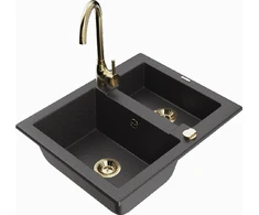 Granitinė virtuvinė plautuvė Mexen Carlos su maišytuvu ir sifonu, Juodas granite+Gold