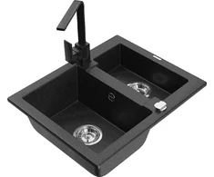Granitinė virtuvinė plautuvė Mexen Carlos su maišytuvu ir sifonu, Metallic juodas/sidabrinis+Juodas