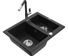 Granitinė virtuvinė plautuvė Mexen Carlos su maišytuvu ir sifonu, Juodas+Juodas/Chrome