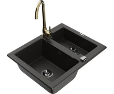 Granitinė virtuvinė plautuvė Mexen Carlos su maišytuvu ir sifonu, Metallic juodas/auksinis+Gold