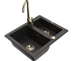 Granitinė virtuvinė plautuvė Mexen Carlos su maišytuvu ir sifonu, Metallic juodas/auksinis+Gold