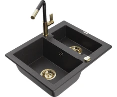 Granitinė virtuvinė plautuvė Mexen Carlos su maišytuvu ir sifonu, Juodas granite+Juodas/Gold