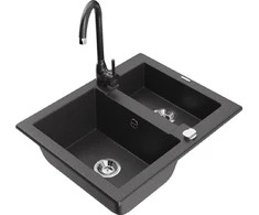 Granitinė virtuvinė plautuvė Mexen Carlos su maišytuvu ir sifonu, Juodas granite