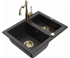 Granitinė virtuvinė plautuvė Mexen Carlos su maišytuvu ir sifonu, Metallic juodas/sidabrinis+Gold