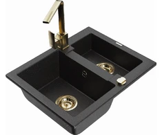 Granitinė virtuvinė plautuvė Mexen Carlos su maišytuvu ir sifonu, Metallic juodas/sidabrinis+Gold
