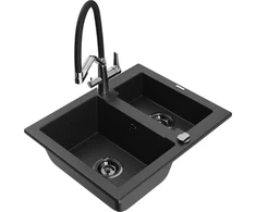 Granitinė virtuvinė plautuvė Mexen Carlos su maišytuvu ir sifonu, Metallic juodas/sidabrinis+Juodas/Chrome