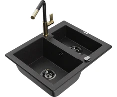 Granitinė virtuvinė plautuvė Mexen Carlos su maišytuvu ir sifonu, Metallic juodas/sidabrinis+Juodas/Gold