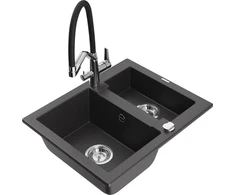 Granitinė virtuvinė plautuvė Mexen Carlos su maišytuvu ir sifonu, Juodas granite+Juodas/Chrome