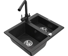 Granitinė virtuvinė plautuvė Mexen Carlos su maišytuvu ir sifonu, Metallic juodas/sidabrinis+Juodas