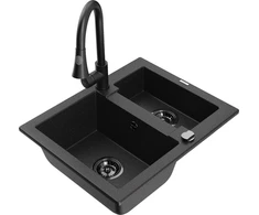 Granitinė virtuvinė plautuvė Mexen Carlos su maišytuvu ir sifonu, Metallic juodas/sidabrinis+Juodas