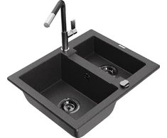 Granitinė virtuvinė plautuvė Mexen Carlos su maišytuvu ir sifonu, Juodas granite+Juodas/Chrome