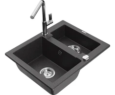 Granitinė virtuvinė plautuvė Mexen Carlos su maišytuvu ir sifonu, Juodas granite+Chrome