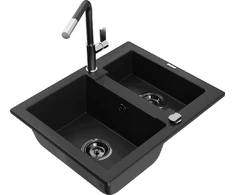 Granitinė virtuvinė plautuvė Mexen Carlos su maišytuvu ir sifonu, Juodas+Juodas/Chrome