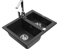 Granitinė virtuvinė plautuvė Mexen Carlos su maišytuvu ir sifonu, Metallic juodas/sidabrinis+Chrome