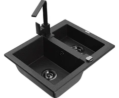 Granitinė virtuvinė plautuvė Mexen Carlos su maišytuvu ir sifonu, Metallic juodas/sidabrinis+Juodas