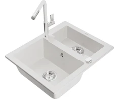 Granitinė virtuvinė plautuvė Mexen Carlos su maišytuvu ir sifonu, Baltas+Baltas/Chrome