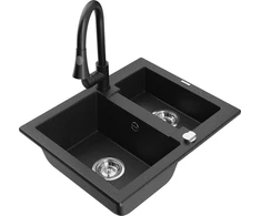 Granitinė virtuvinė plautuvė Mexen Carlos su maišytuvu ir sifonu, Metallic juodas/sidabrinis+Juodas