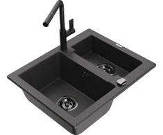 Granitinė virtuvinė plautuvė Mexen Carlos su maišytuvu ir sifonu, Juodas granite+Juodas