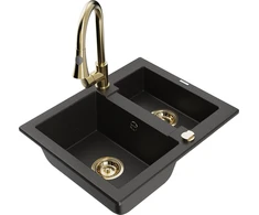 Granitinė virtuvinė plautuvė Mexen Carlos su maišytuvu ir sifonu, Metallic juodas/auksinis+Gold