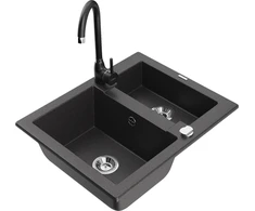 Granitinė virtuvinė plautuvė Mexen Carlos su maišytuvu ir sifonu, Juodas granite+Juodas