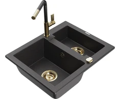 Granitinė virtuvinė plautuvė Mexen Carlos su maišytuvu ir sifonu, Juodas granite+Juodas/Gold