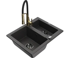 Granitinė virtuvinė plautuvė Mexen Carlos su maišytuvu ir sifonu, Juodas granite+Juodas/Gold