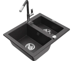 Granitinė virtuvinė plautuvė Mexen Carlos su maišytuvu ir sifonu, Juodas granite+Juodas/Chrome