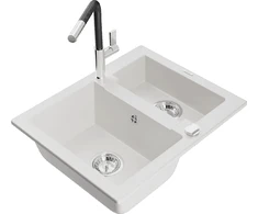 Granitinė virtuvinė plautuvė Mexen Carlos su maišytuvu ir sifonu, Baltas+Juodas/Chrome