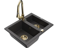 Granitinė virtuvinė plautuvė Mexen Carlos su maišytuvu ir sifonu, Juodas granite+Gold