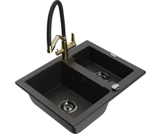 Granitinė virtuvinė plautuvė Mexen Carlos su maišytuvu ir sifonu, Metallic juodas/auksinis+Juodas/Gold