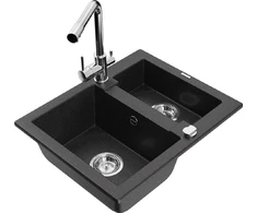 Granitinė virtuvinė plautuvė Mexen Carlos su maišytuvu ir sifonu, Metallic juodas/sidabrinis+Chrome