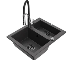 Granitinė virtuvinė plautuvė Mexen Carlos su maišytuvu ir sifonu, Juodas granite+Juodas/Chrome