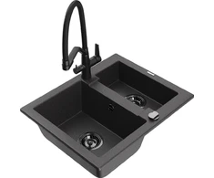 Granitinė virtuvinė plautuvė Mexen Carlos su maišytuvu ir sifonu, Juodas granite+Juodas