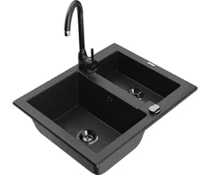 Granitinė virtuvinė plautuvė Mexen Carlos su maišytuvu ir sifonu, Metallic juodas/sidabrinis+Juodas