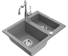 Granitinė virtuvinė plautuvė Mexen Carlos su maišytuvu ir sifonu, Pilkas+Chrome