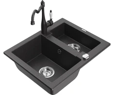 Granitinė virtuvinė plautuvė Mexen Carlos su maišytuvu ir sifonu, Juodas granite